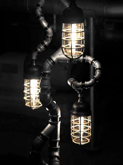insutrial floor lamp with hanging light bulbs